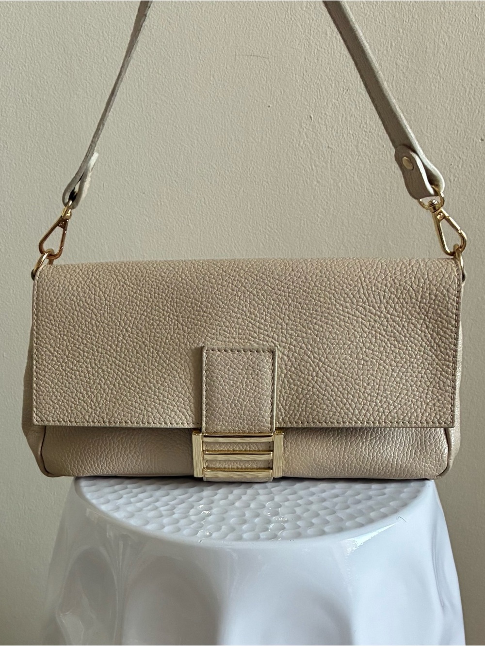 Neutral Beige Leather Shoulder Bag with Gold Hardware